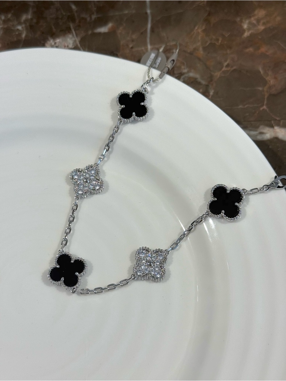 Silver-Tone Black Clover & Crystal Bracelet | Elegant Statement Jewelry
